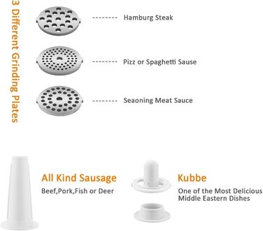 Електрична м'ясоподрібнювач 2000W, 4-в-1, з набором для кеббе та шприц-печива, насадка для ковбас, срібна