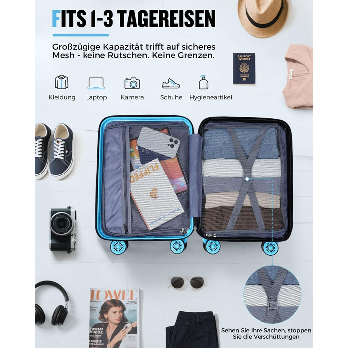 Чемодан ручної об'єм Lekebobor 2 шт. 45x36x20 см (EasyJet) з TSA-замком та колесами, блакитний. Набір валіз, дорожній набір, валіза-ролер.