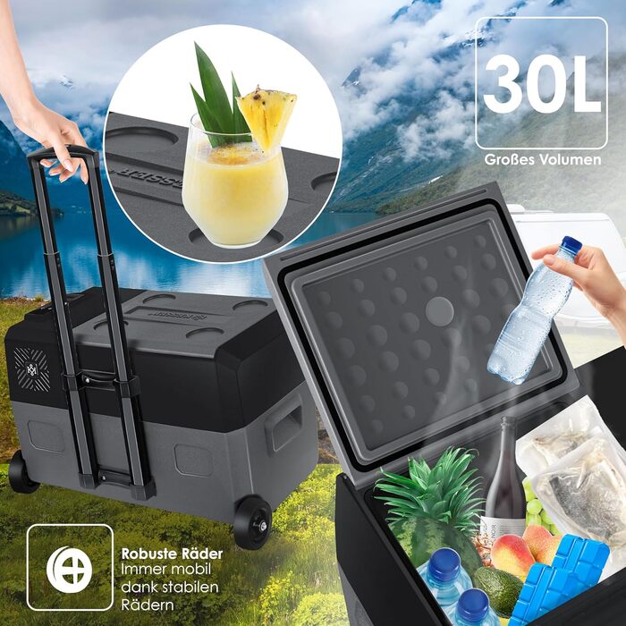 Електрична термохолодильник KESSER® Kompressor на 30 літрів (-20°C) з APP-керуванням, USB, 12/24/230V, телескопічною штангою, акумуляторами, колесами для авто, вантажівки, човна