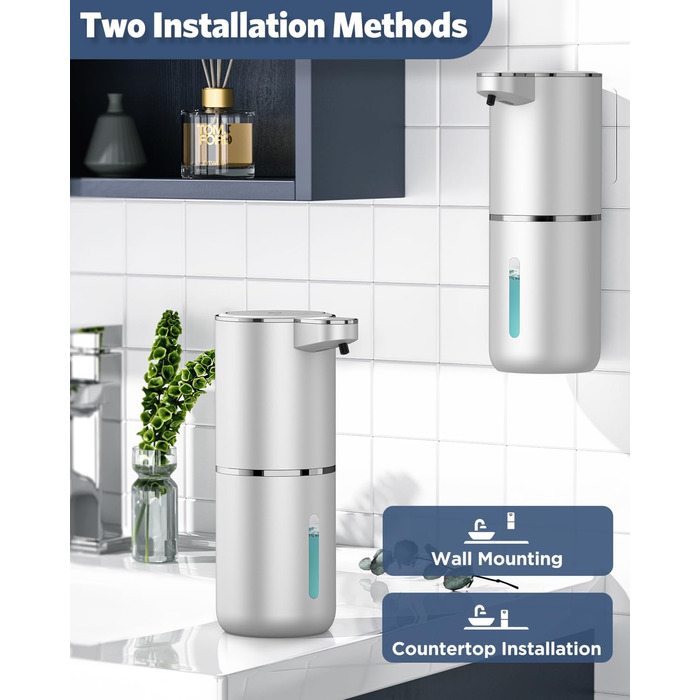 Автоматичний дозатор мила, 380 мл, електричний, з датчиком, USB, водонепроникний IPX5, для кухні, ванної кімнати, школи, готелю (сріблястий, піна)