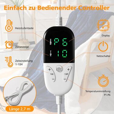 Електрична ковдра з таймером та пультом керування, 133x155 см, 6 режимів нагріву, машинне прання, сіра (155*180 см блакитна)