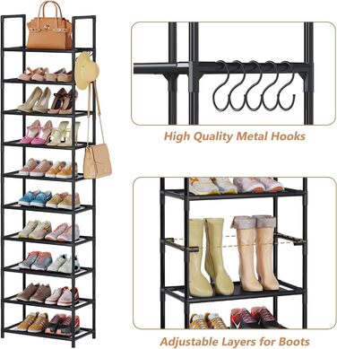 Полиця для взуття WOKKOW з 10 поверхами для шафи, передпокою, 20-25 пар шаф для взуття-органайзер і місце для зберігання, окремо стоїть полиця для взуття, місце для зберігання взуття з гачками