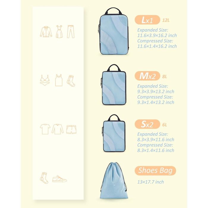 Набір компресійних органайзерів для подорожей BAGSMART для валізи та ручної поклажі, 6 шт, Rose (Baby Blue)