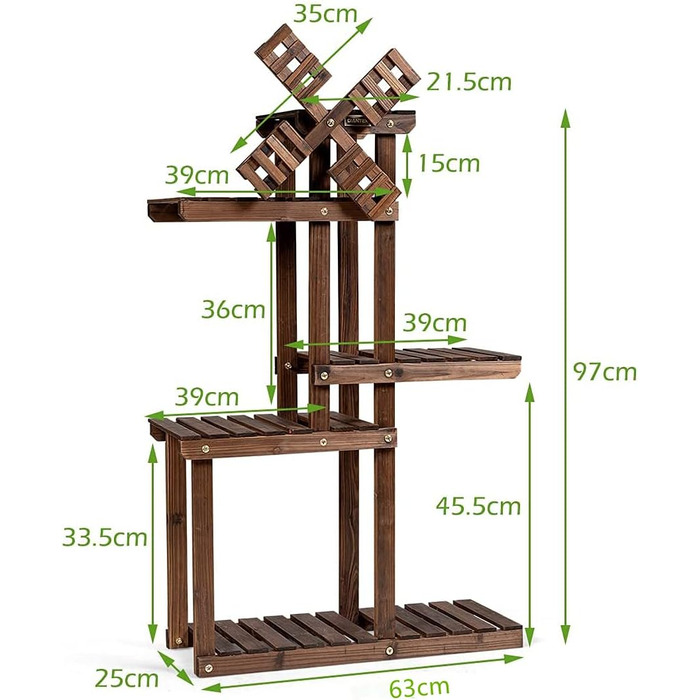 Стелаж для квітів COSTWAY з вітряком, дерев'яні квіткові сходи 5 поверхів для саду