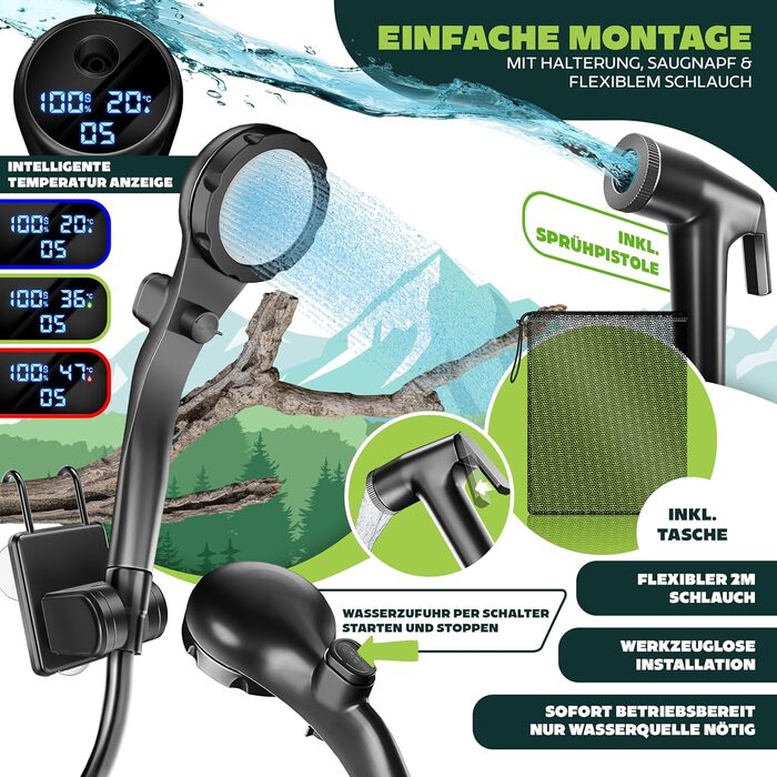 Соняшний душ KESSER® з насосом та акумулятором 8000mAh. Комплект для кемпінгу: регульована лійка, шланг 2м, пістолет-пульверизатор, кріплення. Без бака (Чорний/Чорний)