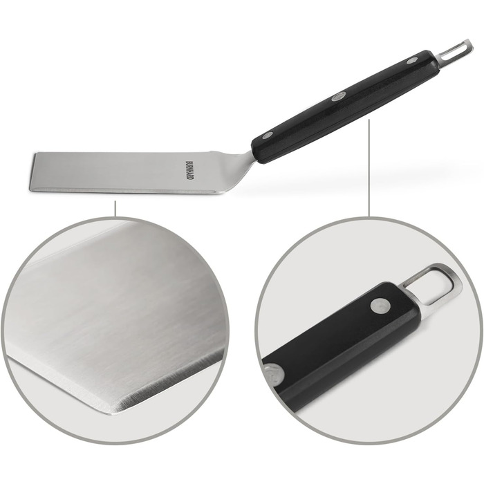 Набір гриль-посуду BURNHARD 5 предметів, 42 см, акацієве дерево, нержавіюча сталь. Комплектація: щипці, лопатка, виделка, щітка, знімач нагару.