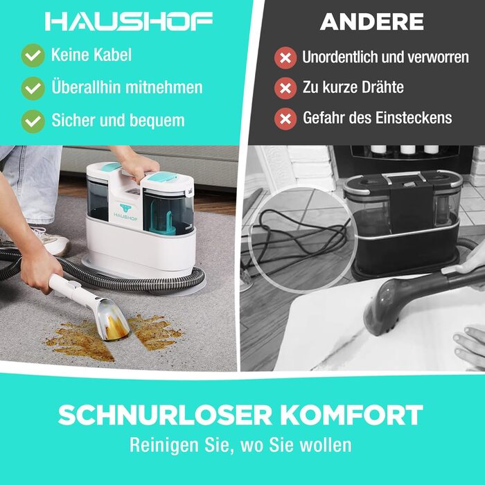 HAUSHOF StainZapper Pro: мийка для килимів та меблів, 450W, 12kPa, 1.5+0.8L, з миючим засобом та щіткою для швів. Ефективний видалення плям з килимів, диванів, меблів та авто.