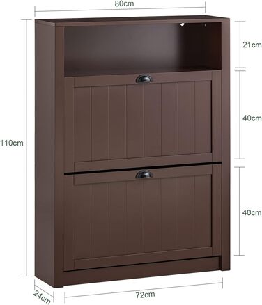 Взуттєва шафа SoBuy FSR87-BR: вузька, з 2 дверцятами, 4 полиці, додаткова поличка, колір коричневий, розмір 80x110x24 см