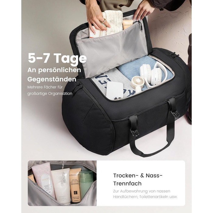 Спортивна сумка LOVEVOOK для чоловіків з відділенням для взуття, 65L, 52x45x28 см, Duffel Bag, для подорожей, Gym Bag, ручна поклажа, чорна