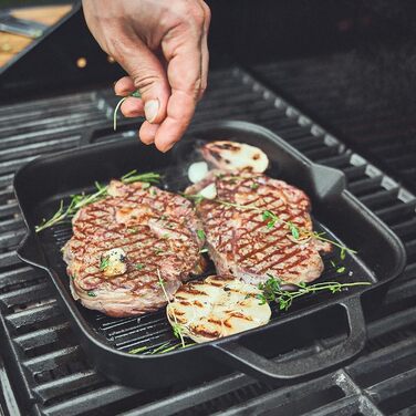 Гриль-сковорода Burnhard Gusseisen, квадратна 30 см, з попереднім прожарюванням, для стейків, сумісна з газовими грилями, духовкою, вогняною чашею та всіма типами плит (включаючи індукційну), чавунна сковорода-гриль 30 см