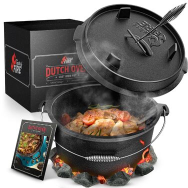 Набір чавунного казана BBQ Dutch Oven [Das Original] на 10,8 л з підставкою та кришкою-гриль на 2,2 л, підйомником та e-book