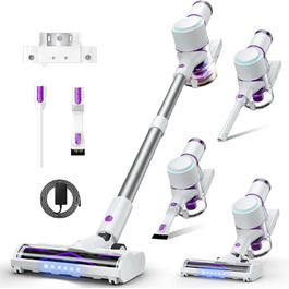 Cordless Vacuum Cleaner 45000Pa, 60-Minute Runtime, 1.75kg, 6-in-1 with Touchscreen, LED Lights, Anti-Tangle Brush & Charging Station, 7-Layer Filtration for Pet Hair, Carpets, Hard Floors, Auto - White & Purple