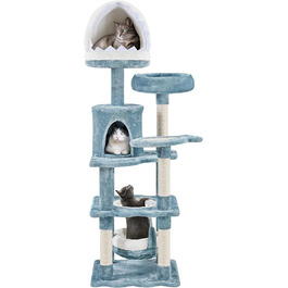 Кігтеточка для котів Yaheetech Sea Cat Tree 155 см, дизайн океану з котячою печерою у формі акулячої пащі Котяче ліжко Підвісний кошик платформа, стійке дерево для скелелазіння для котів, синьо-біле