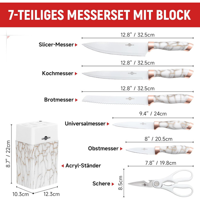 Набір кухонних ножів Messerblock Set: 7 предметів з нержавіючої сталі з дерев'яним блоком та точильним каменем. Професійний кухонний набір, подарунок.