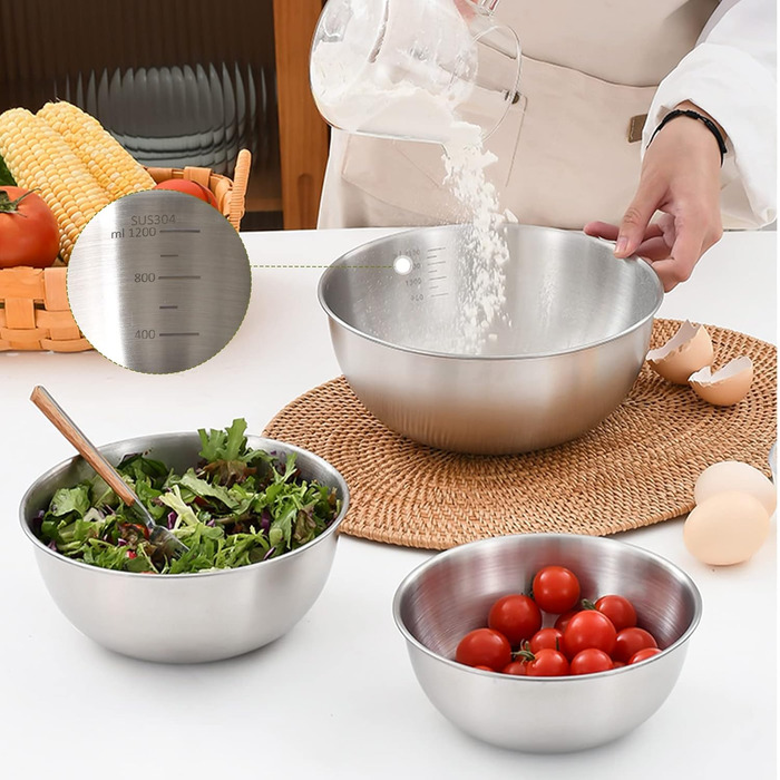 Набір місок для перемішування [5 шт] з нержавіючої сталі, 5 розмірів (0.7 л/ 1.2 л/ 1.8 л/ 2.5 л/ 3.5 л), придатні для миття в посудомийній машині. Салатниці, контейнери для перекусів та миски