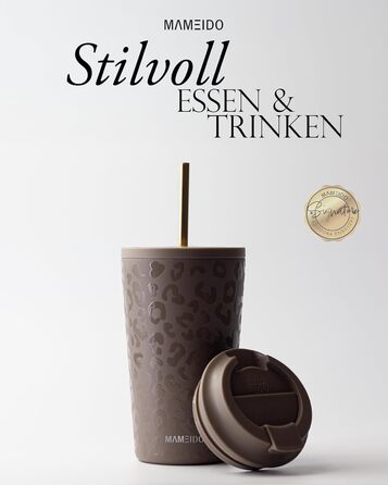 Термокружка MAMEIDO з трубочкою 470 мл, з кришкою та ізольованою сталевою трубочкою, подвійні стінки, не протікає, для кави на виніс (Wild Allure)