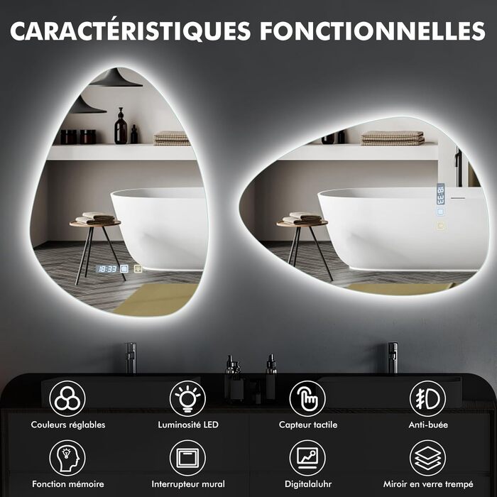 Дзеркало для ванної кімнати Worshow з підсвіткою 50x70 см: LED, регулювання яскравості, протитуманне покриття, 3 режими, таймер, пам'ять, сенсорне управління