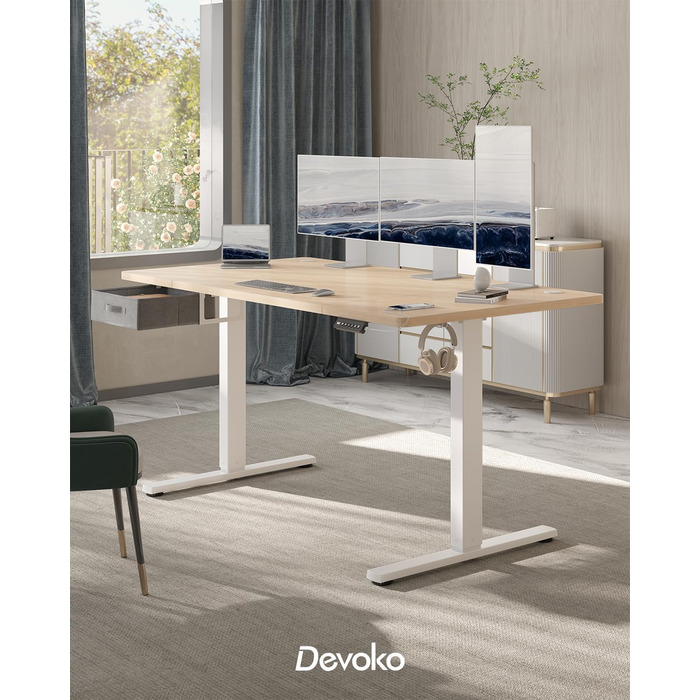Регульований стіл Devoko: електричний, 140x80 см, з ящиками, USB-порт, органайзер для кабелів, стоячий стіл з пам'яттю, білий