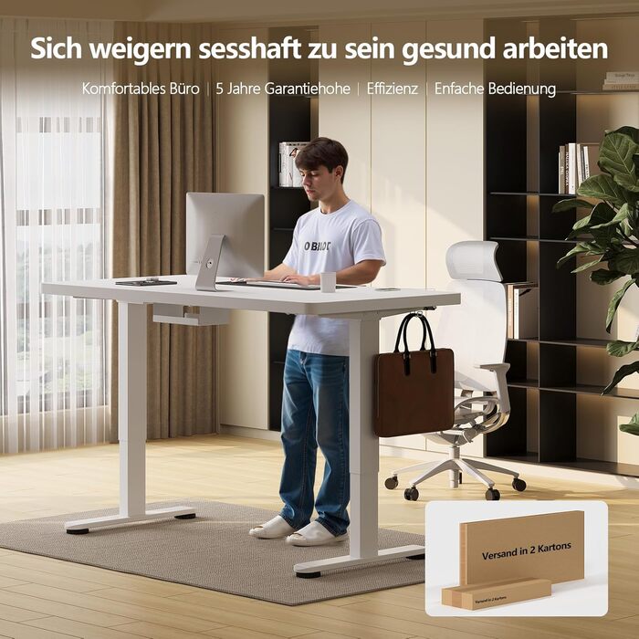 Регульований стіл, 160x80 см, електричний стоячий стіл з подвійним мотором, сенсорна панель, USB-A, кабель-менеджмент, стільниця 25 мм, ергономічний офісний стіл, білий