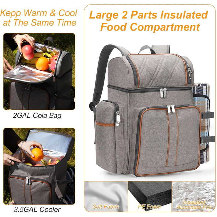 Набір для пікніка на 4 особи: рюкзак, корзина, сумка-холодильник, ковдра, для кемпінгу та відпочинку