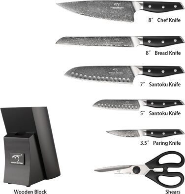 Набір кухонних ножів з дамаської сталі з дерев'яним блоком (7 предметів) - професійний набір ножів для кухні, VG10, G10, ергономічні ручки (червоний)