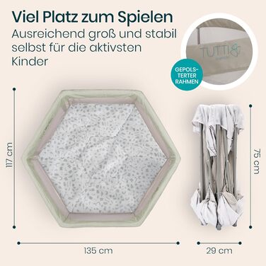 Дитячий манеж Tutti Bambini Laufstall - складаний, з сіткою 360°, швидким складанням, дверцятами на блискавці, килимком та сумкою, 135 x 135 x 75 см (листяний зелений)