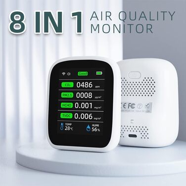 Портативний тестер якості повітря Irfora Tuya WiFi 8 в 1: PM1.0, PM2.5, PM10, CO2, TVOC, HCHO, температура, вологість, LCD-дисплей