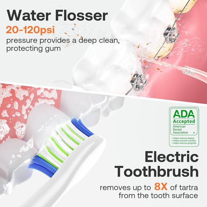 Іригатор для порожнини рота Bitvae та електрична зубна щітка 5 в 1, 3 режими & 5 рівнів тиску, бездротовий, з 4 насадками для щітки та 4 насадками для іригатора, чорний