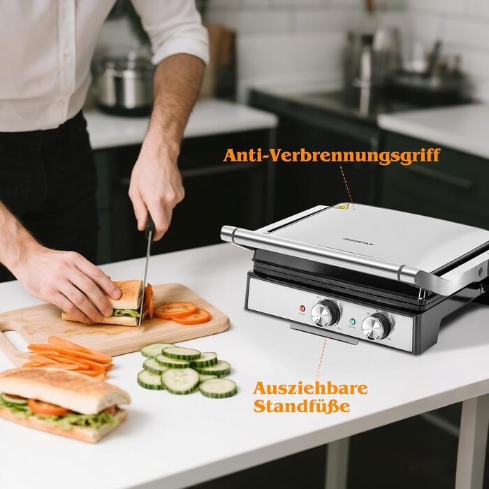 Контактний гриль Aigostar з керамічним покриттям, таймер на 30 хв. Паніні гриль та сендвічмейкер для сендвічів, стейків, тостів. 2000 Вт, регульований термостат, відкривання 180°, функція грилю