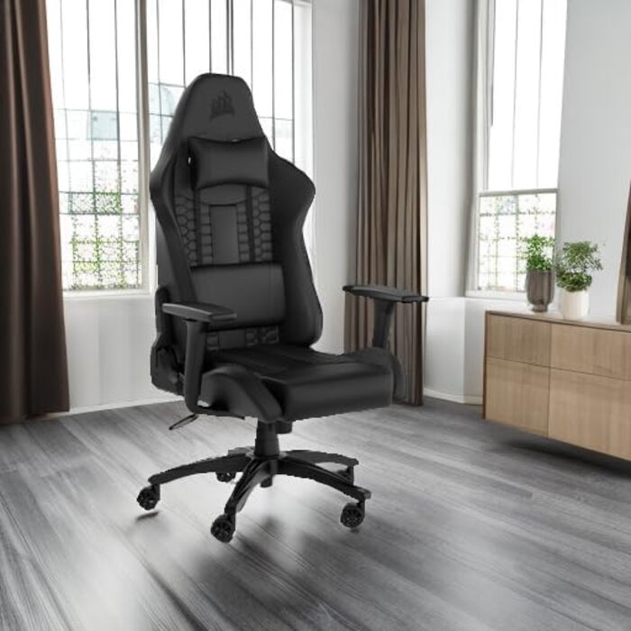 Ігрове крісло Corsair TC100 Relaxed, екошкіра, чорне, ергономічне, з подушками для попереку та шиї, регульовані підлокітники, дизайн у стилі автоспорту
