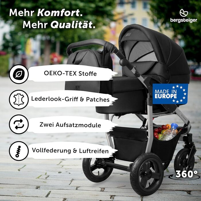 Дитяча коляска 3-в-1 Bergsteiger Capri – люлька, автокрісло i-Size, прогулянкове сидіння, повітряні колеса, амортизація, регульована ручка, складна, з аксесуарами (чорний/срібний)