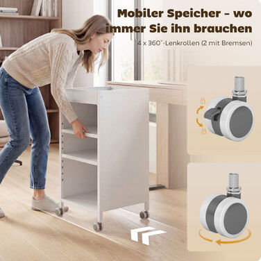 Мобільна полиця для книг з регульованими полицями, 3-рівнева візок з верхньою корзиною, білий