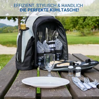 Набір для пікніка на 4 особи - 21 предмет. Водонепроникний рюкзак-холодильник Deluxe з великим відділенням для охолодження, похідний посуд та багаторазовий посуд чорного/сірого кольору
