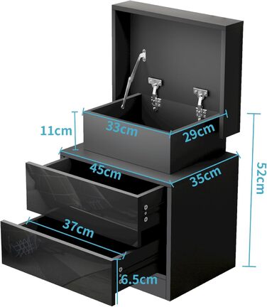 Тумбочка PIPIPOXER чорна зі світлодіодом, 2 ящики, глянцевий, 45x35x52см, для вітальні та спальні