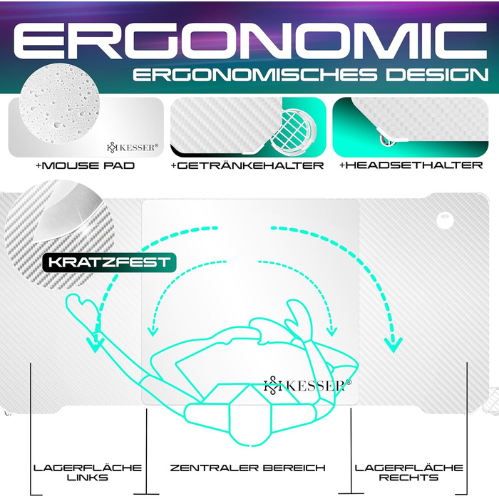 Ігровий стіл KESSER® LED 160x60 см | З-подібний стіл для геймерів | Тримач для навушників & вуглецеве покриття | Ергономічний стіл для ПК | Стабільний стіл з підстаканником, білий