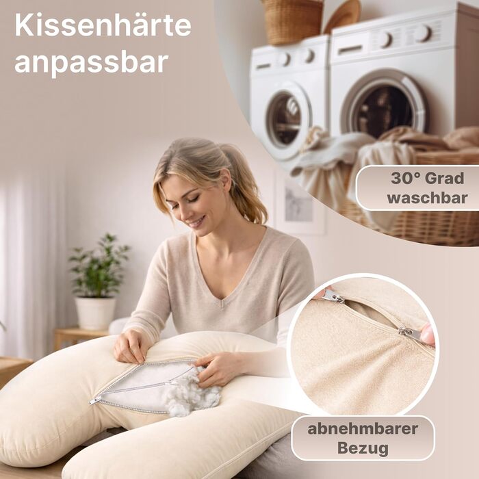 Подушка для вагітних ELONEO NEU для сну на боці, подушка для годування, XXL розмір, кремова, знімний чохол, подушка для читання, пральна