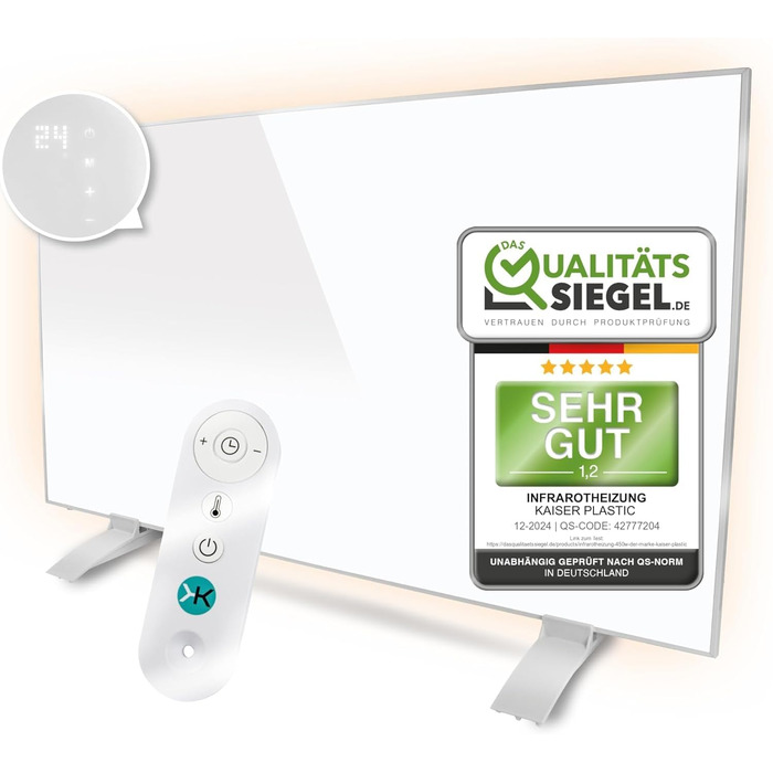 Інфрачервовий обігрівач KAISER® 450W з LCD-дисплеєм - панельний обігрівач для дому, офісу та ванної кімнати. Можливість настінної/стельової/мобільної установки, термостат, пульт ДУ, енергозберігаючий.
