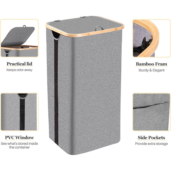 Кошик для білизни з кришкою, 100 л, з прозорим вікном, знімні мішки, сірий (02)