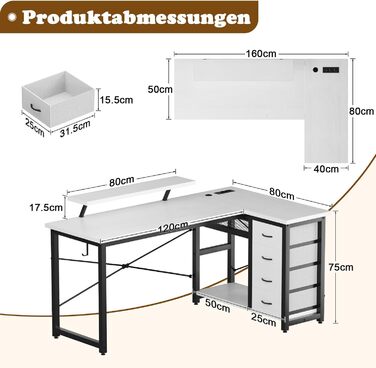 Кутовий стіл Devoko з 4 висувними ящиками з тканини, 2 розетками та 2 USB-портами, для дому та офісу, ігор, білий, 140x80 см