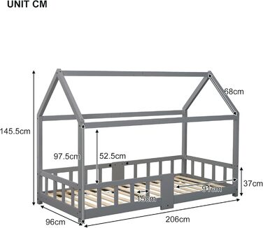 Дитяче ліжко-будиночок Moimhear 90x200 см, сірий колір, з соснового дерева, для дітей