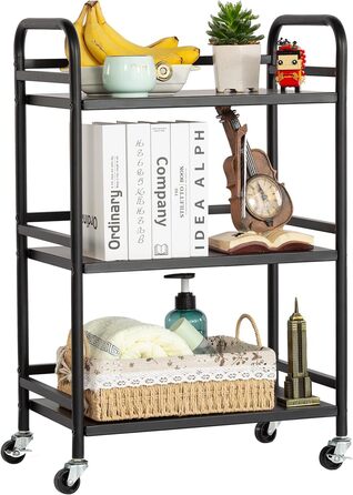 Металевий сервісний візок HDANI з 3 рівнями, на коліщатках, 48x30x75 см, чорний