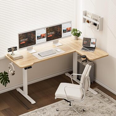 Стол письмовий L-подібний, регульований по висоті, 150 x 100 см, електричний, ергономічний, з підстаканниками та гачками, коричневий