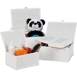 Кошик для зберігання Relaxdays 10024308126 Комплект з 3 предметів, з кришкою і тканинної вставкою, бамбуковий кошик, декоративна коробка для зберігання, 3 розміри, натуральна (біла)