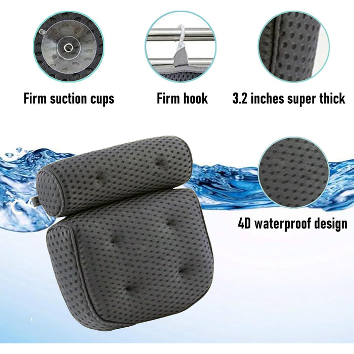 Подушка для ванни з піни Memory Foam, антиковзка, для шиї та спини, 4D вентиляція, 6 присосок, сіра
