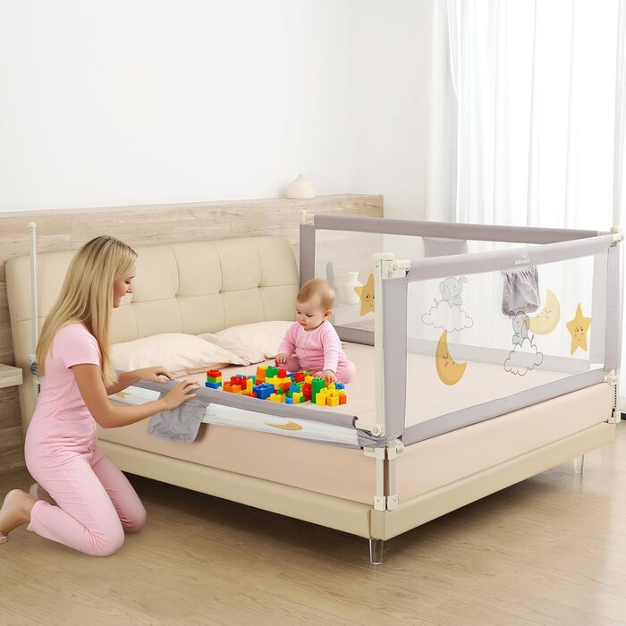 Бортики для ліжка дитячі 3 шт. (2x200 см + 1x180 см) складані, захист від випадання, малюнок - слоники