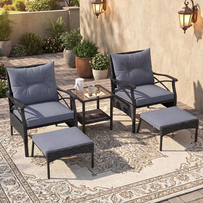 Садовий набір меблів COSTWAY з ротангу, 5 предметів: 2 крісла з подушками, пуф та стіл для балкона, тераси, саду (Чорний + Сірий)