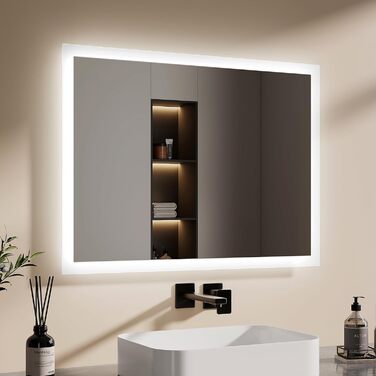 Дзеркало для ванної кімнати EMKE з підсвічуванням 120x60 см, тепле біле світло 3000K, вимикач, антизапар, 2 кольори світла, матовий бордюр