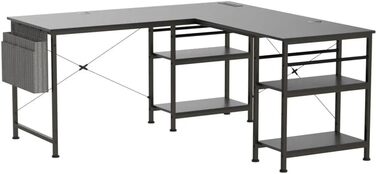 Ігровий кутовий стіл L-подібної форми з LED-підсвічуванням та розетками, 140x140 см, реверсивний комп'ютерний стіл з підставкою для монітора, 4 полиці та бічні кишені для дому та офісу (Чорний, 140x140x74 см)