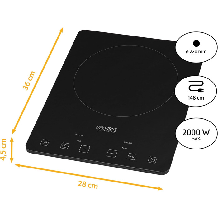 Індукційна варильна поверхня TZS First Austria - Ультратонка конфорка, 1-місна варильна поверхня, індукційна конфорка 2000 Вт, 10 налаштувань температури, таймер, блокування від дітей, сенсорне керування - ідеально підходить для студентів, кемперів та оди