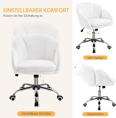 Крісло Yaheetech для дому та офісу: крісло для макіяжу, крісло для робочого столу, регульоване по висоті, поворотне, до 136 кг, з підлокітниками та спинкою, для спальні, офісу, вітальні, біле, велюрове